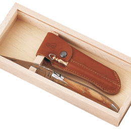 Couteau de poche Laguiole manche bois d'olivier, étui cuir et fusil à aiguiser